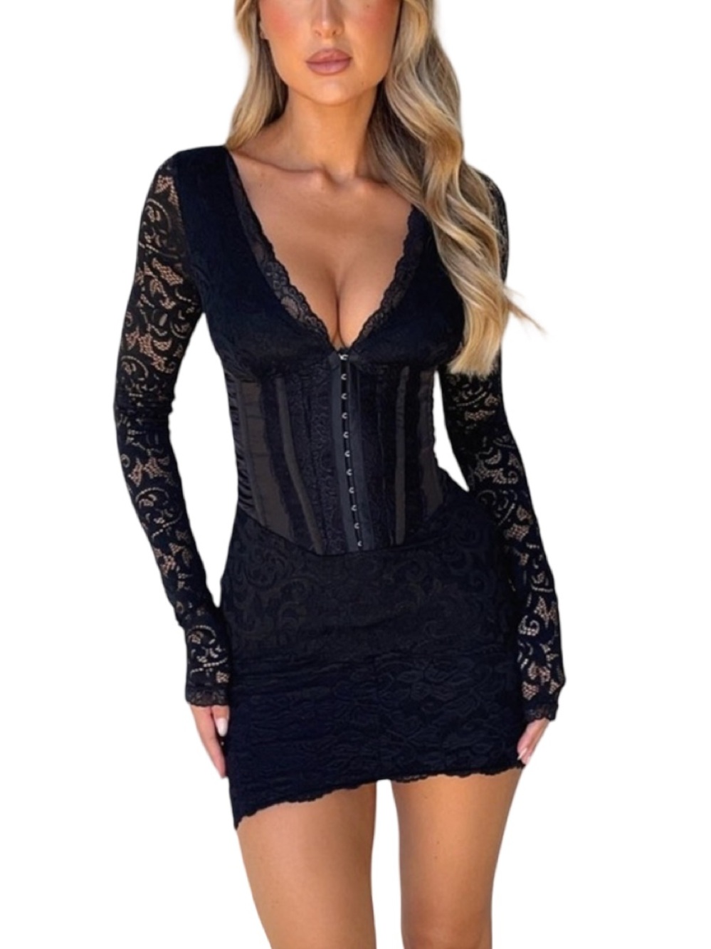▪️♟️Outcast Anita Mini Dress Corset Black Lace Long Sleeve Bodycon ♟️▪️